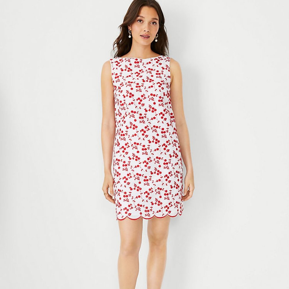 Ann Taylor | Floral Scalloped Hem Shift Dress Red & White | Size 0 | NWT